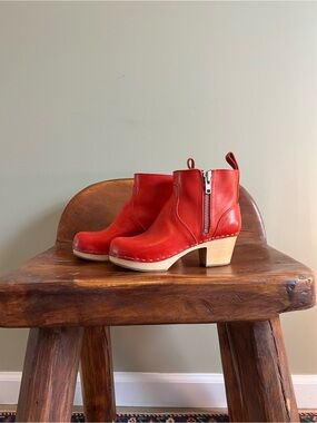 Swedish Hasbeens Red Leather Zip Clog Ankle Boots